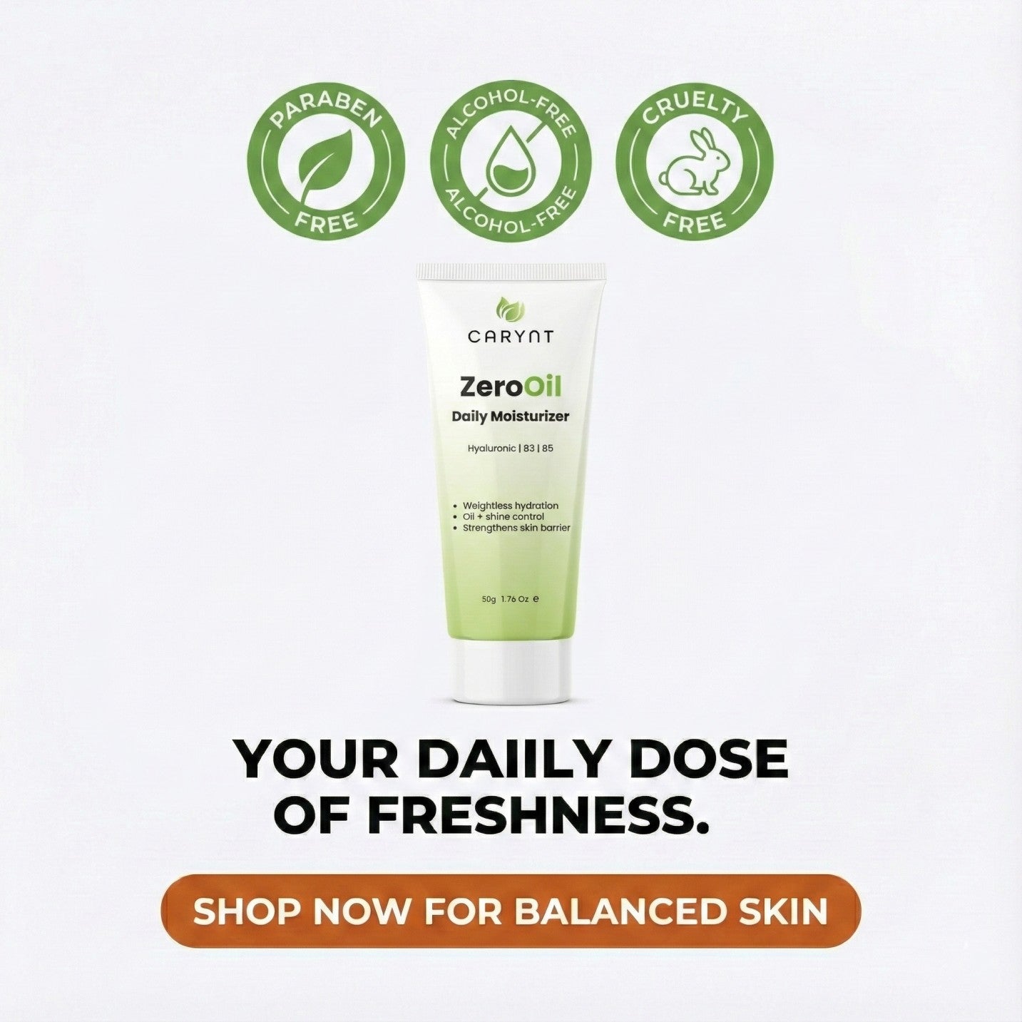 Carynt ZeroOil Daily Moisturizer: Hyaluronic Acid & Niacinamide for Oily Skin (50g)