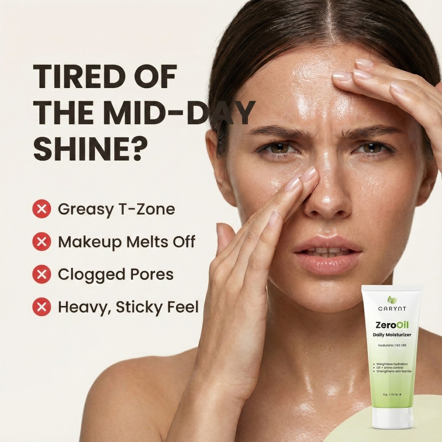 Carynt ZeroOil Daily Moisturizer: Hyaluronic Acid & Niacinamide for Oily Skin (50g)