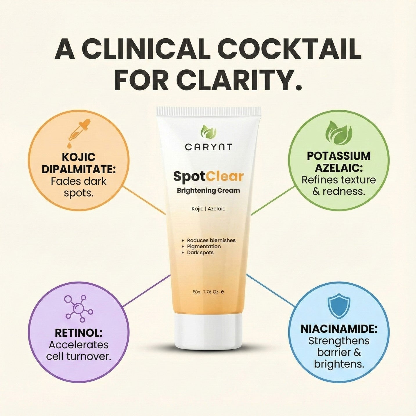 SpotClear Brightening Cream: Kojic Acid, Azelaic Acid & Retinol (50g)